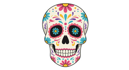 Ornate decorated skull with colorful floral and teardrop designs on a cream background
