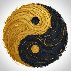  A Yin Yang where the two halves are created from intricate, swirling clouds of gold particles (metal element) and deep, swirling ink patterns (water element)