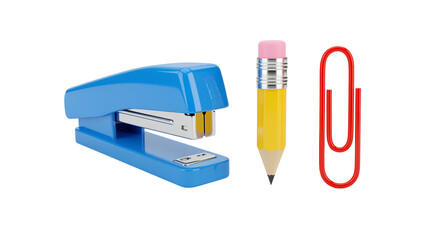 Blue stapler, pencil, and red paperclip