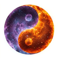  a classic Yin Yang symbol, with the Yin side represented by a celestial galaxy of deep purples and blues (water element), and the Yang side a fiery solar flare of vibrant oranges and reds (fire eleme
