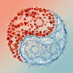 A Yin Yang created from a whirlwind of red autumn leaves (fire element) and a cascade of bubbling, clear water (water element)