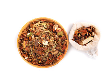 Hot Spice Collection with Star Anise Seasoning in Wooden Pot and Cloth Bag