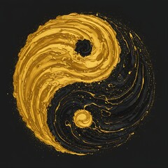  A Yin Yang where the two halves are created from intricate, swirling clouds of gold particles (metal element) and deep, swirling ink patterns (water element)