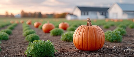Close Up Of Orange Pumpkin Field Landscape With Green Rows And White Buildings At Sunset