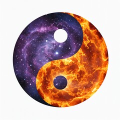  a classic Yin Yang symbol, with the Yin side represented by a celestial galaxy of deep purples and blues (water element), and the Yang side a fiery solar flare of vibrant oranges and reds (fire eleme