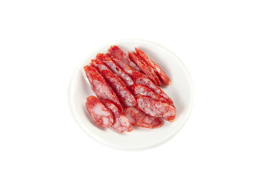 Cantonese Sweet Air-Dried Sausage Slices on White Plate - Traditional Chinese Cured Meat