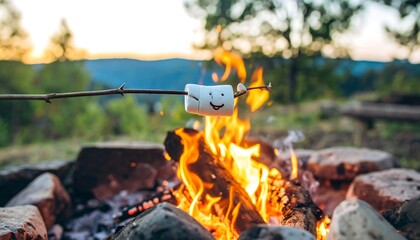 Marshmallow roasting over campfire at sunset