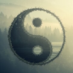 A Yin Yang symbol created from the soft, blurred shapes of a misty forest (wood element) for the dark side and a glistening, dew-covered landscape (water element) for the light side.