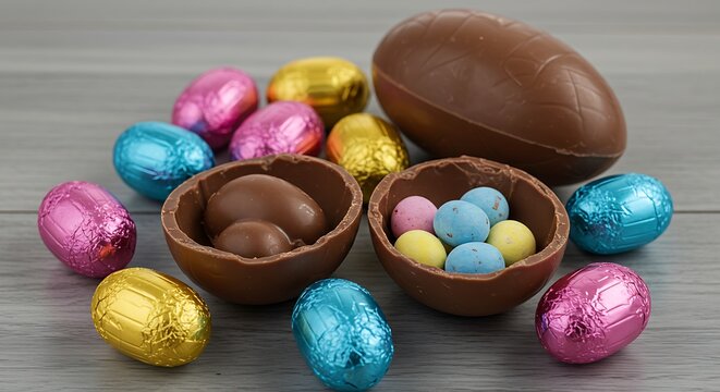 Chocolate easter eggs displayed in bowls and colorful foil wrappings