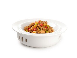 Spicy Asian Stir-Fry with Chicken and Beef in White Bowl