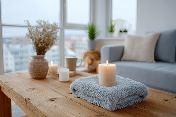 Close Up Of Modern Living Room Interior Design Featuring Wooden Table With Lit Candle And Neutral Tones