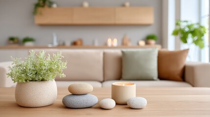 Close Up of Modern Living Room with Beige Sofa Wooden Table and Decorative Elements