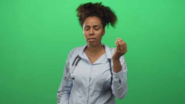 Woman doctor with stethoscope wearing light blue shirt making a pinching right hand gesture in studio against a green backdrop; skepticism professionalism.