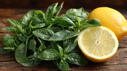 Fresh Basil and Lemon on Rustic Wood