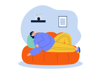 Woman lying all day in a lazy position. Laziness illustration. Flat vector illustration.