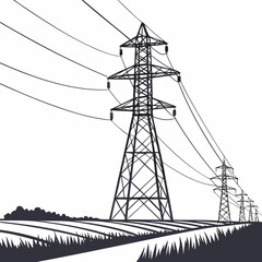 Silhouette of towering electricity pylons carrying power lines across a rural landscape with fields and trees