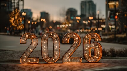Illuminated "2026" numbers glowing warmly outdoors at dusk with blurred cityscape and holiday lights in the background.