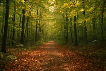 Obraz premium A serene woodland path invites exploration as it meanders through a verdant forest. The scene exudes tranquility, with golden leaves dotting the ground and sunlight filtering through the canopy. 