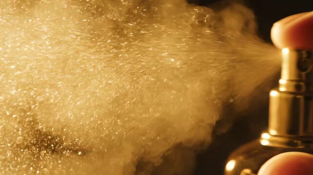 Close-up 4k shot of a person spraying perfume from a brown glass bottle, creating a fine mist with warm lighting against a dark, blurred background.