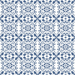 Fototapeta premium Seamless symmetrical botanical pattern for fabric, wallpaper and gift wrapping. Indigo blue geometric textile design. 