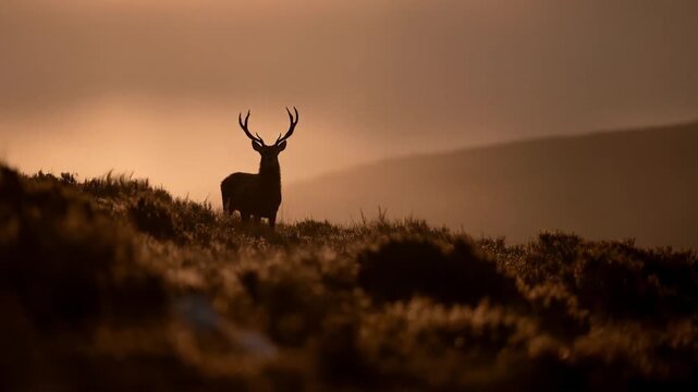 Majestic deer silhouette at sunset on a hillside with atmospheric lighting