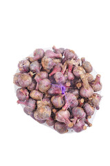 Fresh Yunnan Purple Garlic Bulbs in Mesh Bag Isolated on White Background