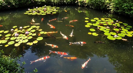 Colorful koi fish swimming in a serene garden pond with lily pads
