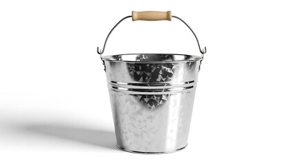 Empty Galvanized Metal Bucket with Wooden Handle Isolated