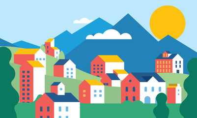 Flat illustration vector in bright colors. Geometric house background design	