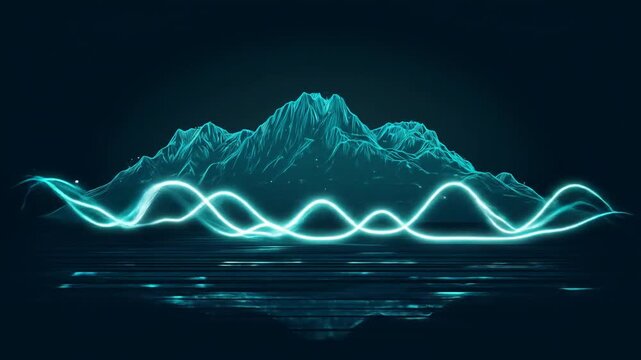 Abstract digital illustration of mountains and energy waves in a dark space