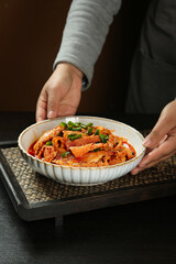 Spicy Red Tripe Dish Served in White Bowl Traditional Asian Cuisine Hot Food Photography