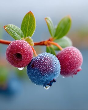 Close Up Of Ripe Blueberries On A Branch With Morning Dew Drops Against A Blurred Background