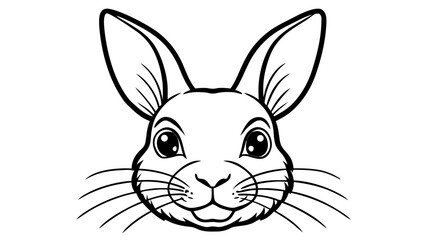 A black and white line drawing of a rabbit face with large ears and whiskers on a white background