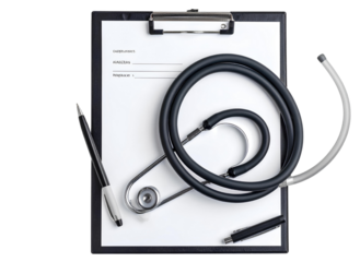 Medical Stethoscope with Prescription Pad and Pen Isolated on Transparent Background