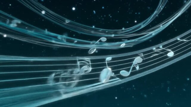 Abstract animation of musical notes flowing on a dark background