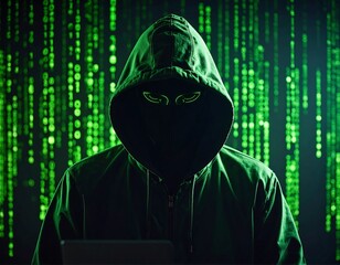 Masked figure in dark hoodie, green binary code background