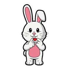 Fototapeta premium Cute cartoon bunny rabbit with pink ears and belly, holding small red heart near its mouth with its paws, isolated on transparent, conveying love and affection