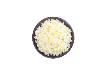 Fresh Minced Garlic in Purple Bowl Isolated on White Background