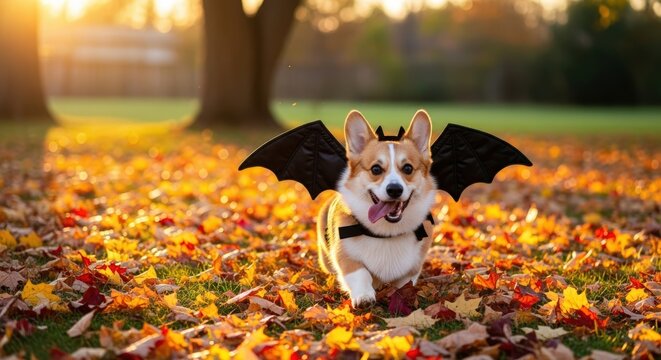 A happy Pembroke Welsh Corgi wearing bat wings costume runs through colorful autumn leaves in a park, tongue out, bathed in golden sunlight.