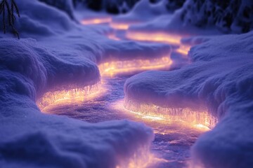 Water stream meandering through snowy forest.