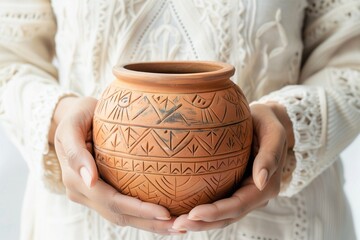 Faceless hands holding handmade clay pot with tribal carvings, clean white background, cultural heritage mockup style.