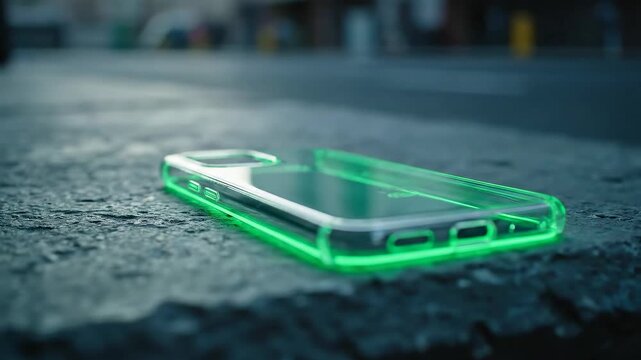 Glowing neon phone case lying on a concrete surface