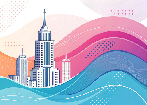 Modern cityscape with abstract colorful waves background