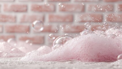 Fototapeta premium Pink foam bubbles rise against a blurred brick backdrop; light, airy, and textured