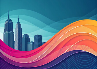 Abstract cityscape with vibrant wavy overlay
