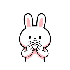 Obraz premium Cute bunny rabbit character making heart shape with its fingers, , adorable cartoon, symbol love and affection, perfect for greeting cards and cute designs