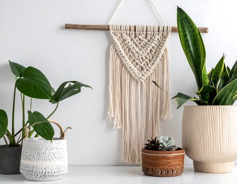 Macrame wall hanging with potted plants on white shelf