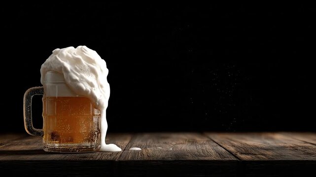 Beer mug with foam on wooden table against black background