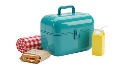 Lunchbox with sandwich, drink, and blanket
