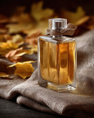 Elegant perfume bottle with golden liquid on textured fabric, surrounded by autumn leaves, warm and inviting atmosphere, luxury fragrance
